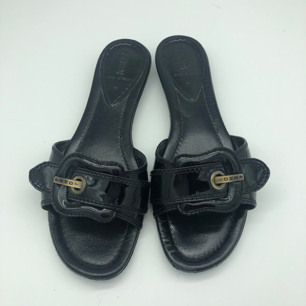 Fendi Vernice Flat Black Sandals Slides Buckle 7.5
